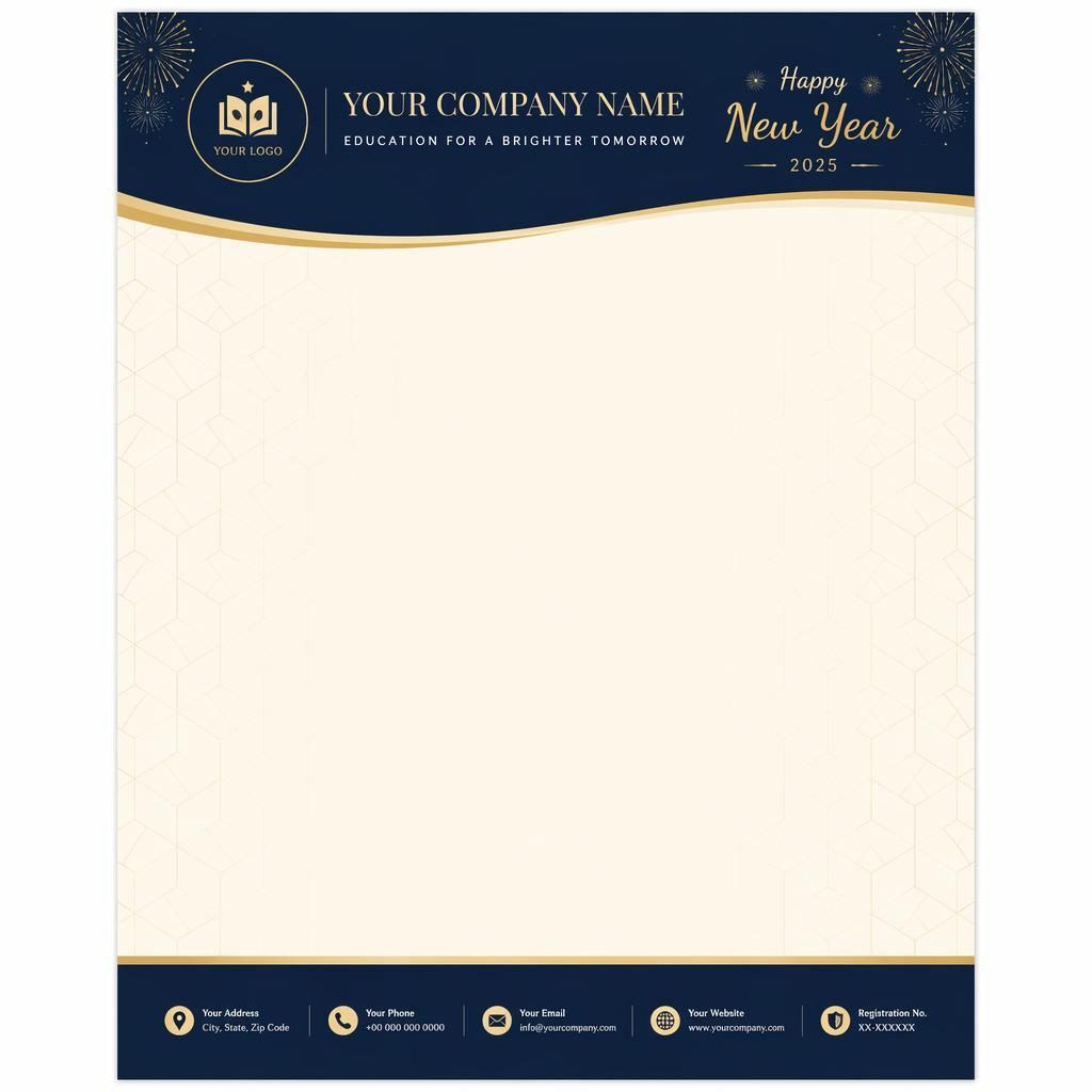 A4 portrait letterhead template with navy header band, cream layout, footer strip, geometric watermark, and placeholder branding
