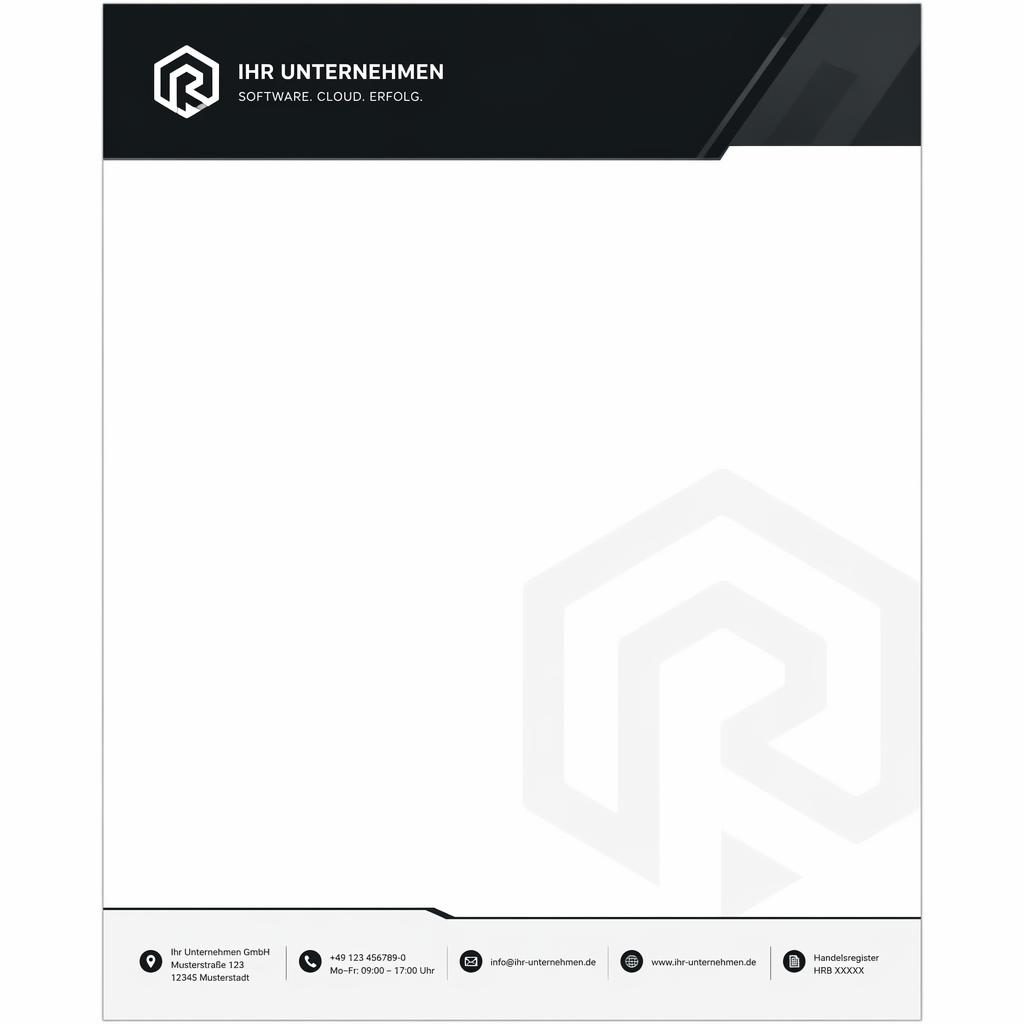 Moderne A4-Briefkopfvorlage im Hochformat mit Header-Band, Footer-Leiste, dezentem Logo-Wasserzeichen und viel Textfläche