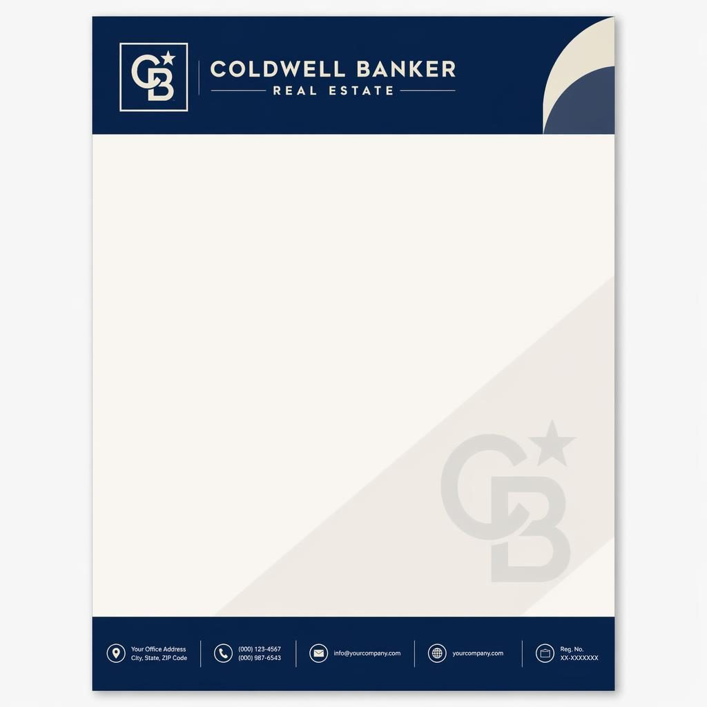A4 portrait letterhead template with navy header band, cream layout, footer strip, soft watermark band, and logo placeholders.
