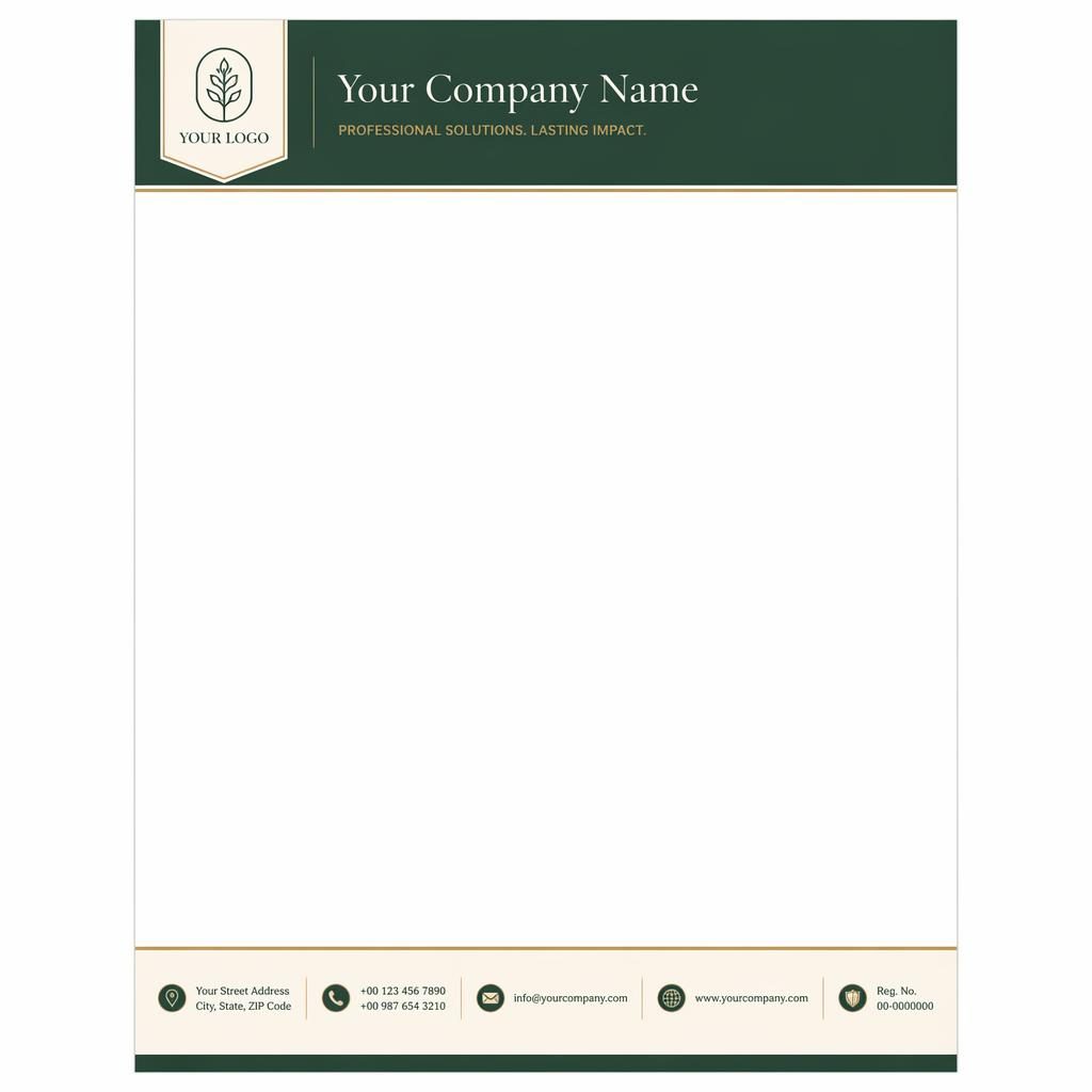 A4 portrait letterhead template with forest green header band, placeholder logo, company name, and footer contact strip
