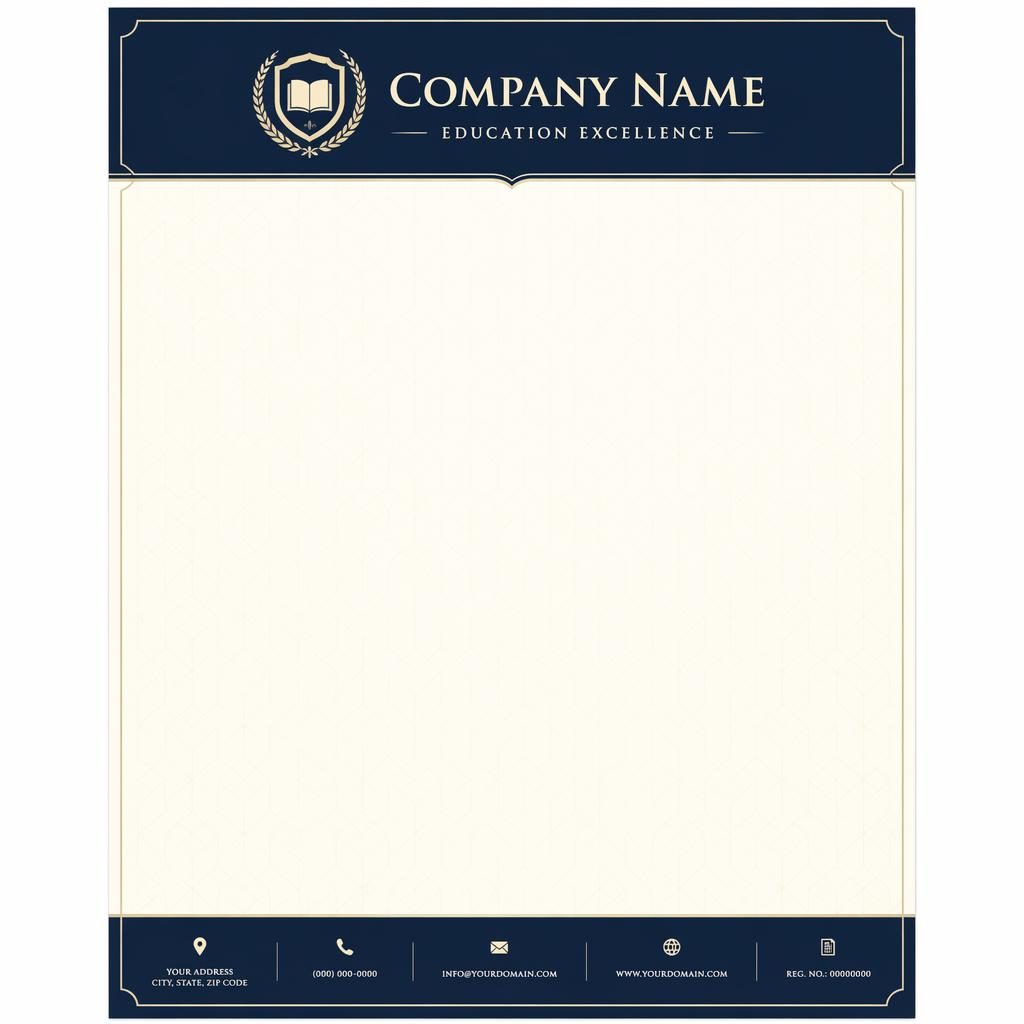 A4 portrait education letterhead template in navy and cream with engraved styling, header band, footer strip, and geometric watermark.