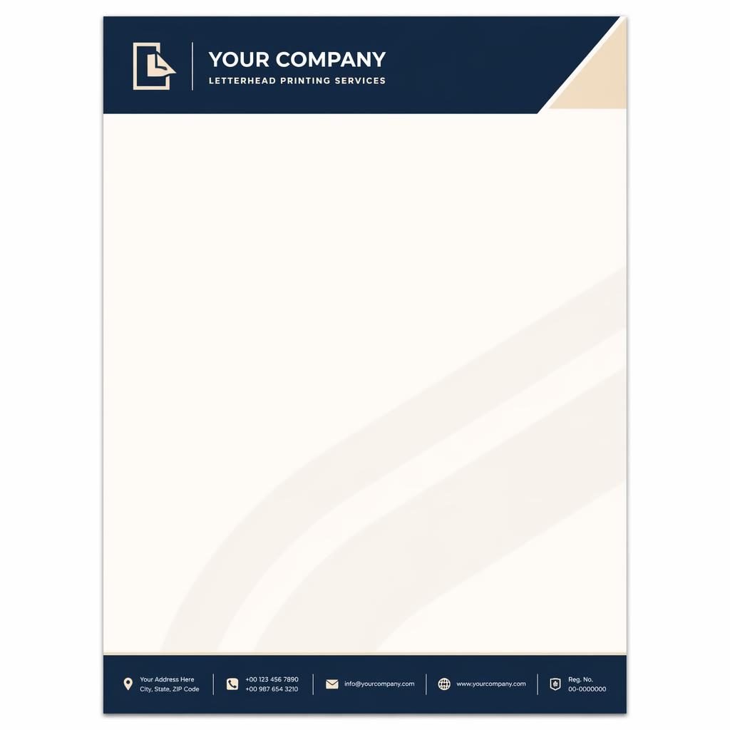 A4 portrait letterhead template in navy and cream with header band, footer strip, soft watermark band, and wide body area.