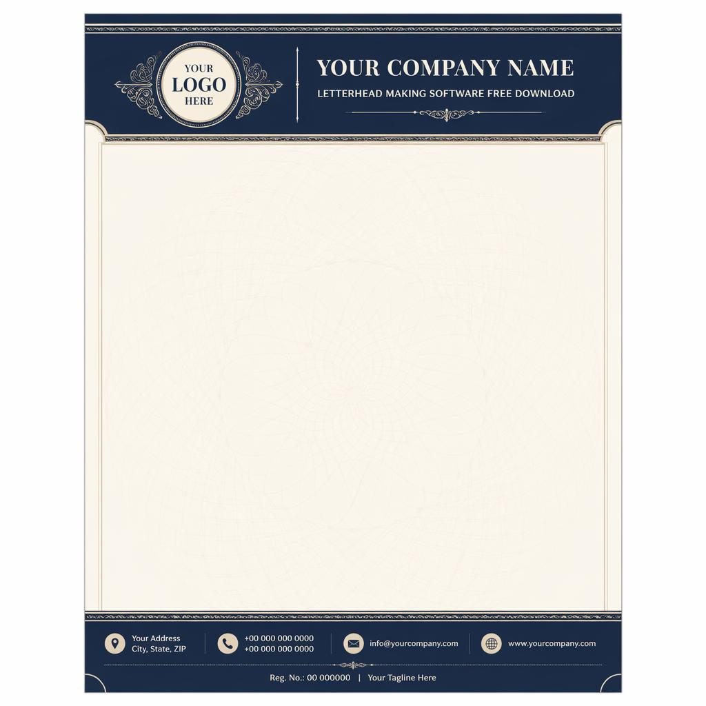 A4 portrait letterhead template in navy and cream with engraved style, header band, footer strip, and geometric watermark.