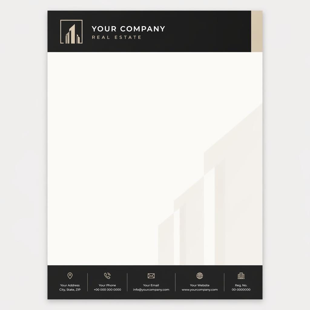 A4 portrait real estate letterhead template in Swiss style with black and warm white palette, header band, footer strip, and soft watermark band.