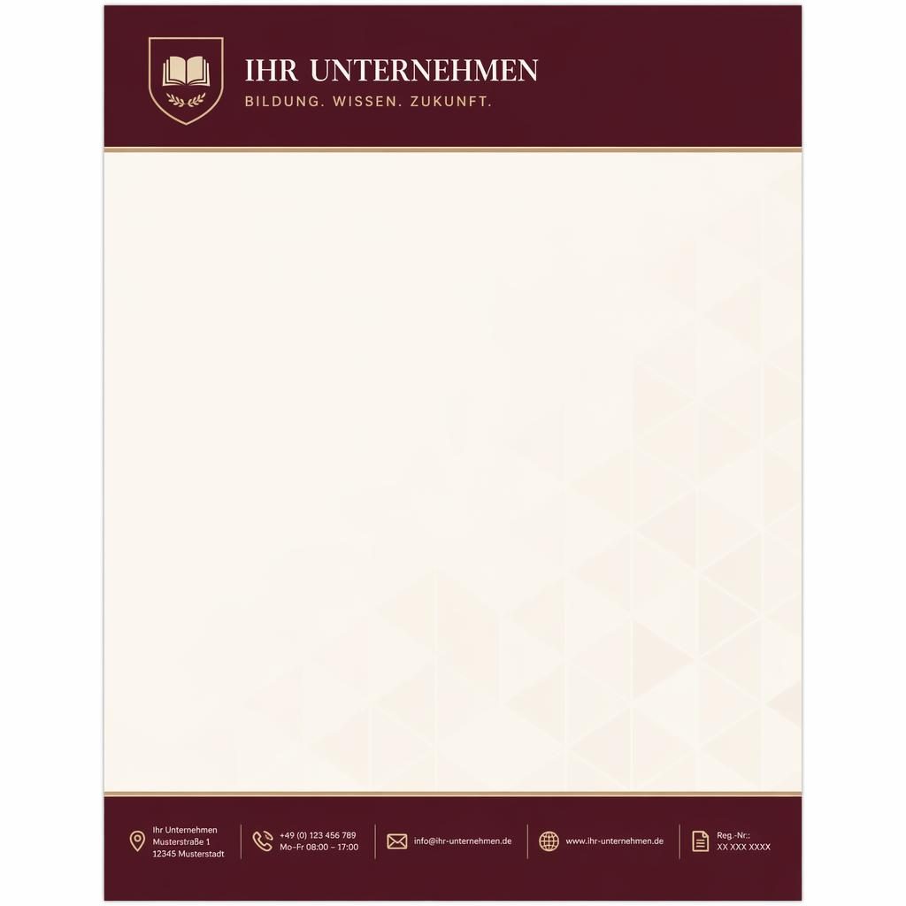 A4-Briefpapier im Hochformat mit bordeauxfarbenem Header, Footer-Leiste, Platzhalter-Logo und geometrischem Muster