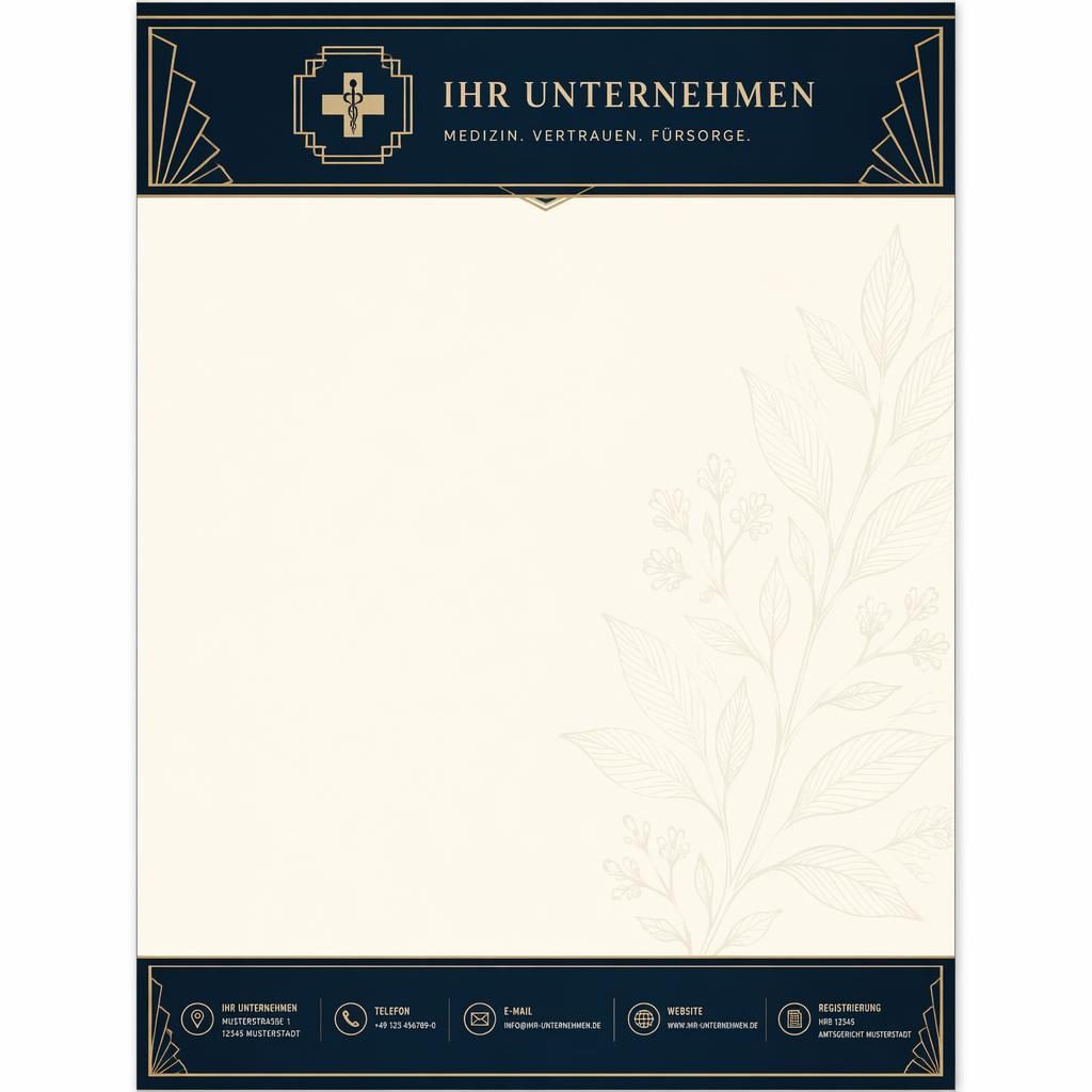 A4-Briefpapier im Art-Déco-Stil in Navy und Creme mit Kopfzeile, Fußleiste und botanischem Wasserzeichen