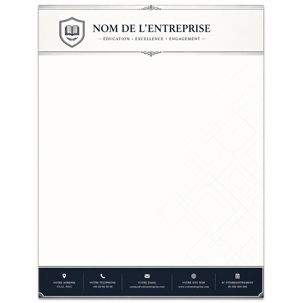 Papier à en-tête A4 portrait monochrome, bandeau supérieur avec logo et nom fictifs, pied de page coordonnées, motif géométrique