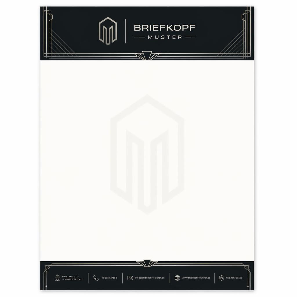 A4-Briefkopf Muster im Art-Déco-Stil, monochrom, mit Kopfzeile, Fußleiste, Platzhaltern und dezentem Logo-Wasserzeichen