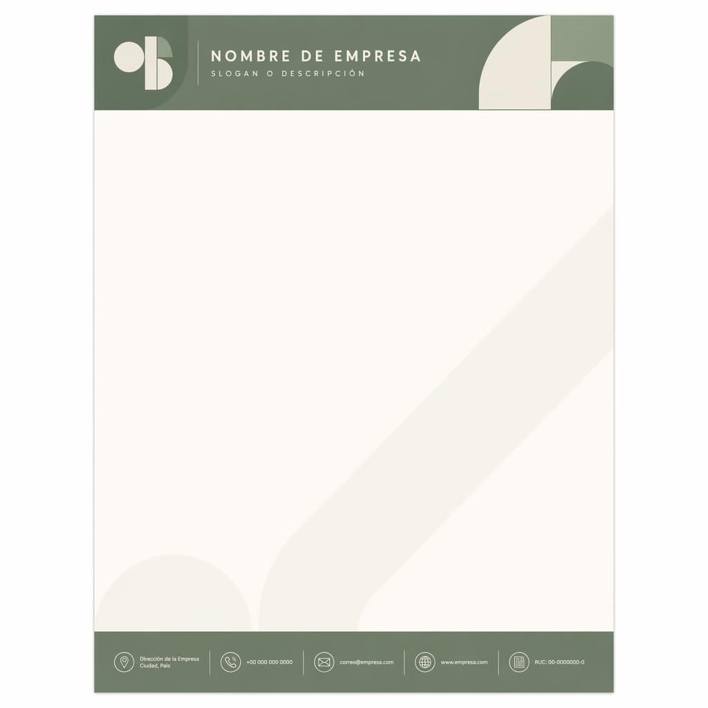 Plantilla de carta membretada A4 vertical estilo Bauhaus en salvia y marfil, con banda superior, pie informativo y marca de agua