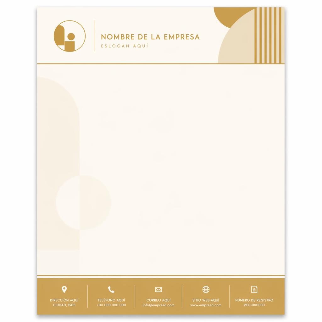 Plantilla de membrete A4 vertical estilo Bauhaus en dorado y crema, con banda superior, pie de página y logo de marcador.