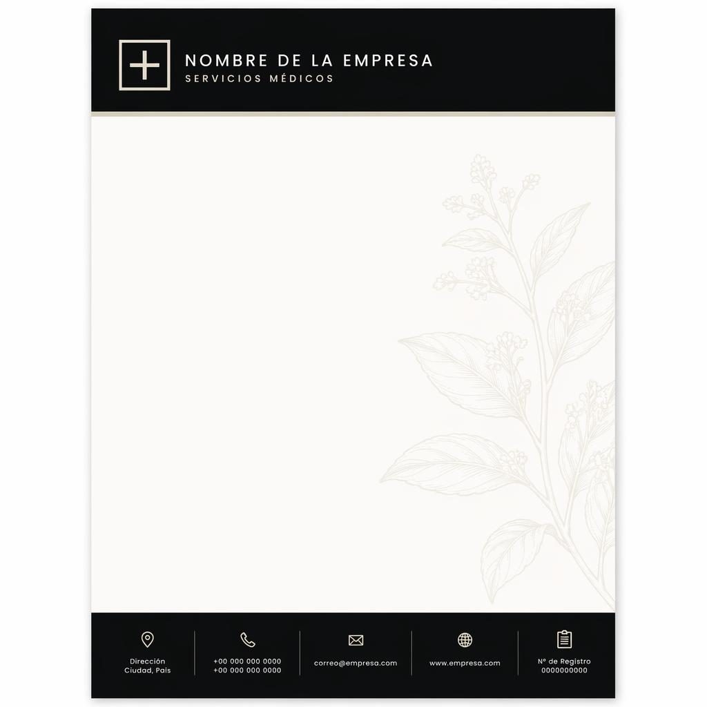 Plantilla de papelería médica A4 en estilo suizo, negro y blanco cálido, con banda superior, pie y ilustración botánica