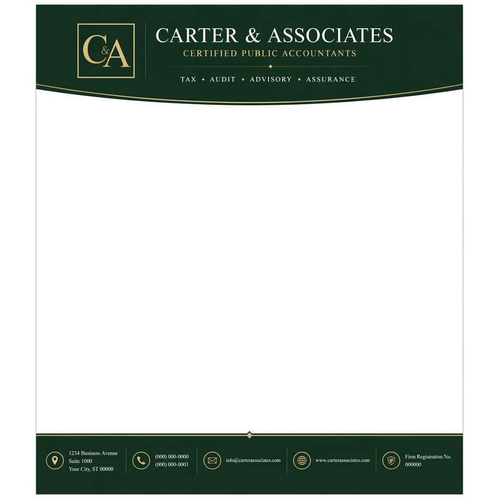 A4 portrait CPA firm letterhead template in forest green with luxury serif styling, header band, footer strip, and placeholders
