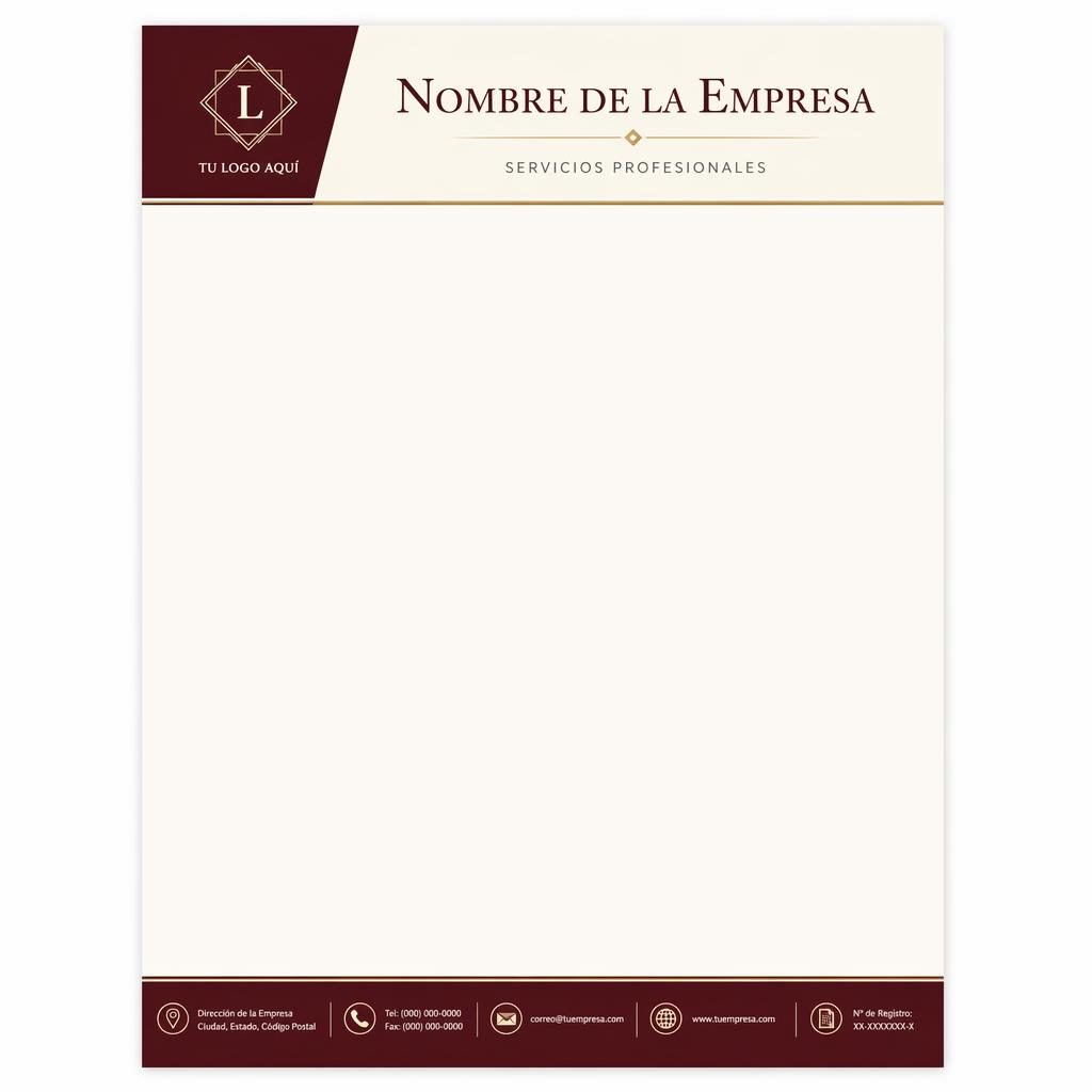 Plantilla de sobre membretado en formato A4 vertical, con franja superior burdeos, pie crema y logo de marcador.