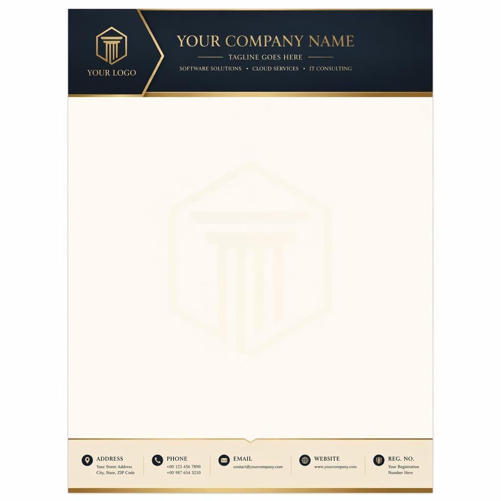 A4 portrait letterhead template in cream and gold with header band, logo placeholder, footer contact strip, and subtle watermark