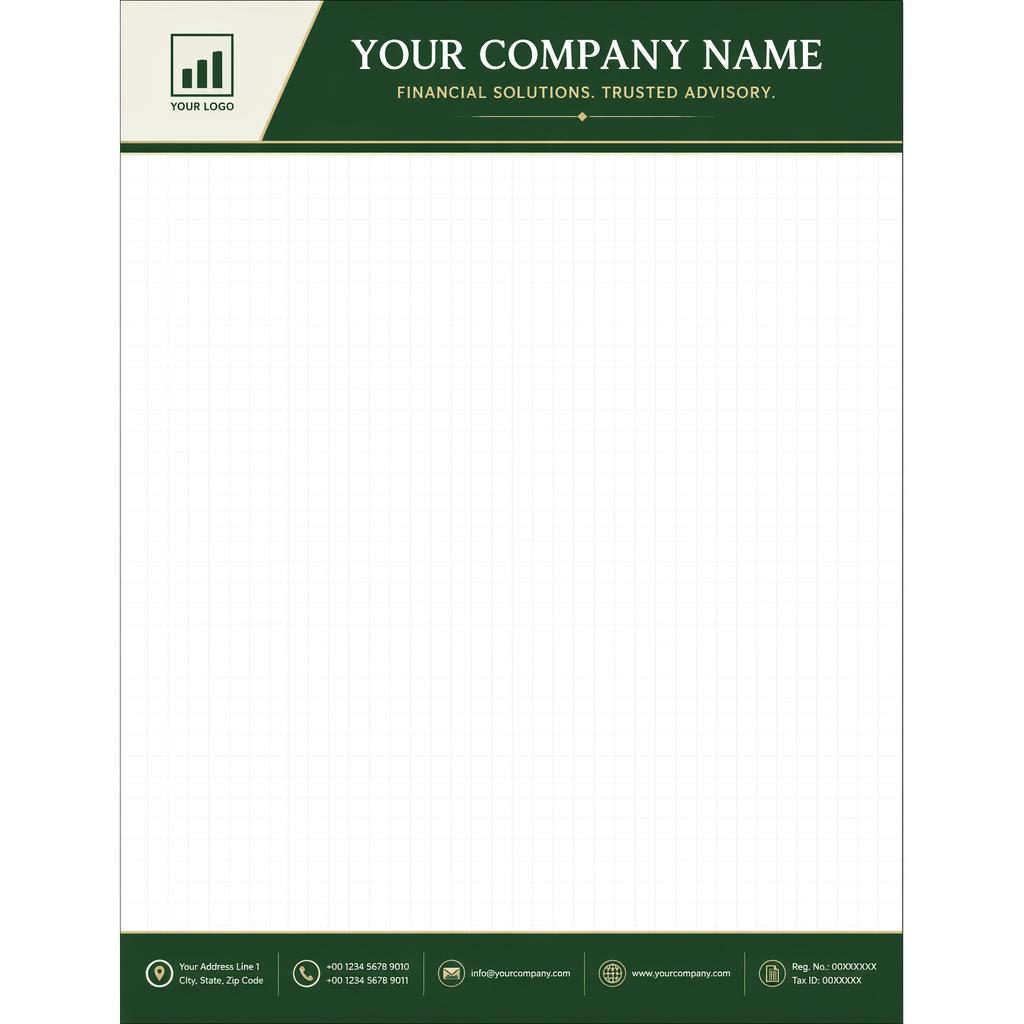 A4 portrait finance letterhead template with forest green header, footer placeholders, grid watermark, and large body area