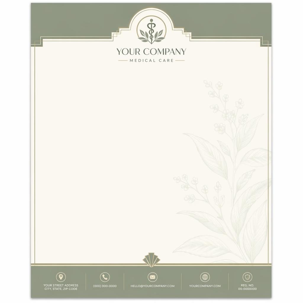 A4 portrait medical letterhead template with art deco header, sage and ivory colors, botanical watermark, and footer placeholders
