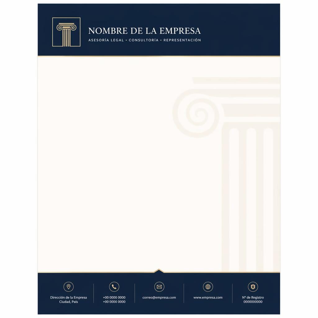 Plantilla de membrete A4 vertical en azul marino y crema, con banda superior, pie informativo y amplia zona de texto.