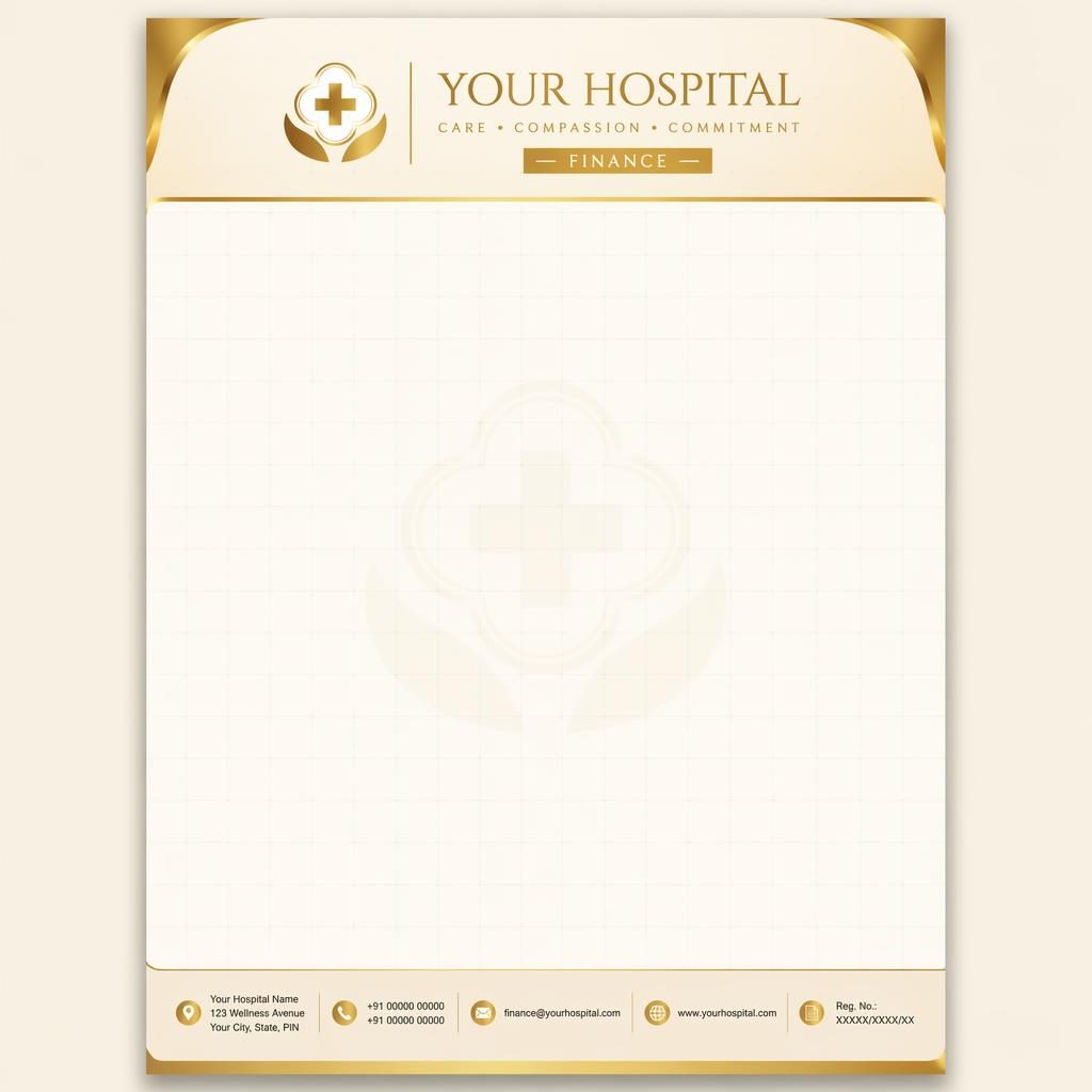 A4 portrait hospital doctor letterhead design with gold and cream header, footer strip, placeholder logo, and grid watermark.
