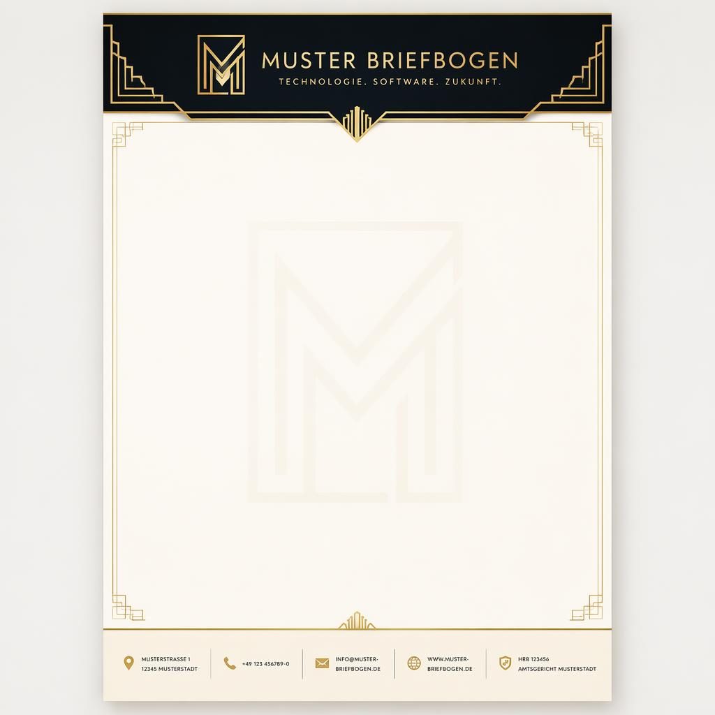 A4-Briefbogen im Art-Déco-Stil in Gold und Creme mit Kopfband, Fußleiste, Platzhalter-Logo und dezentem Wasserzeichen