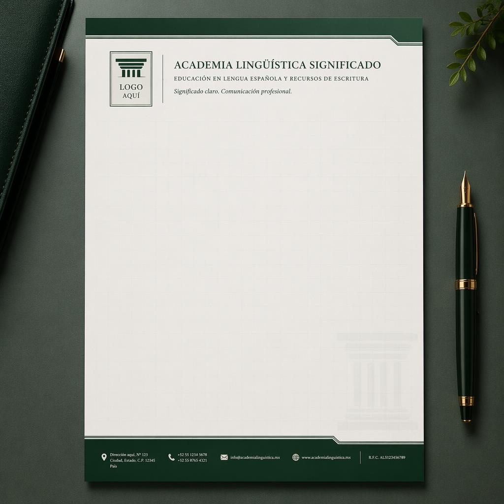 Plantilla de membrete A4 en verde bosque con encabezado elegante, pie informativo y marca de agua de cuadrícula sutil.