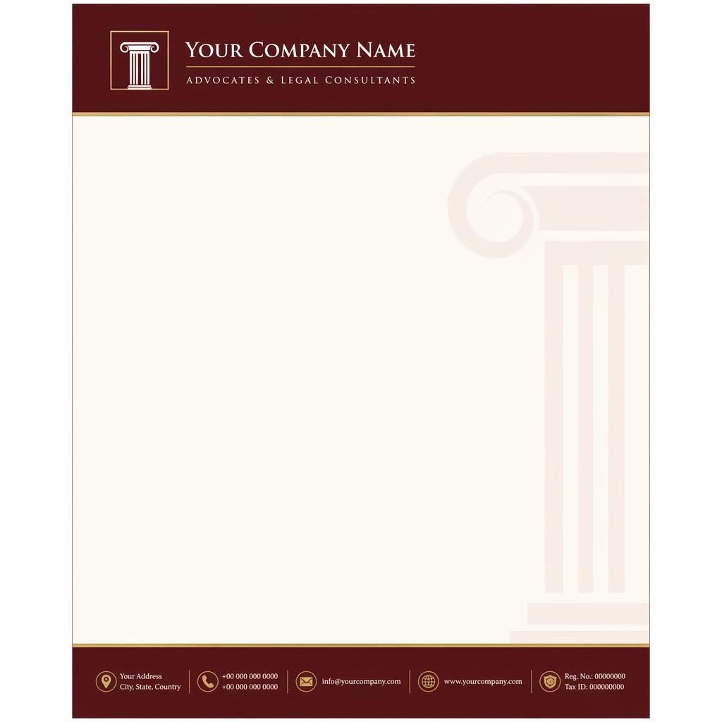 A4 portrait letterhead template in burgundy and cream with header band, placeholder logo, footer strip, and soft watermark.