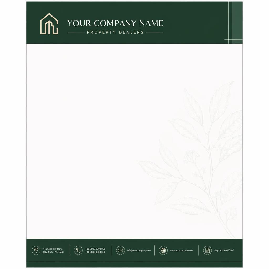 A4 portrait letterhead template with green header band, footer contact strip, botanical watermark, and large body area.