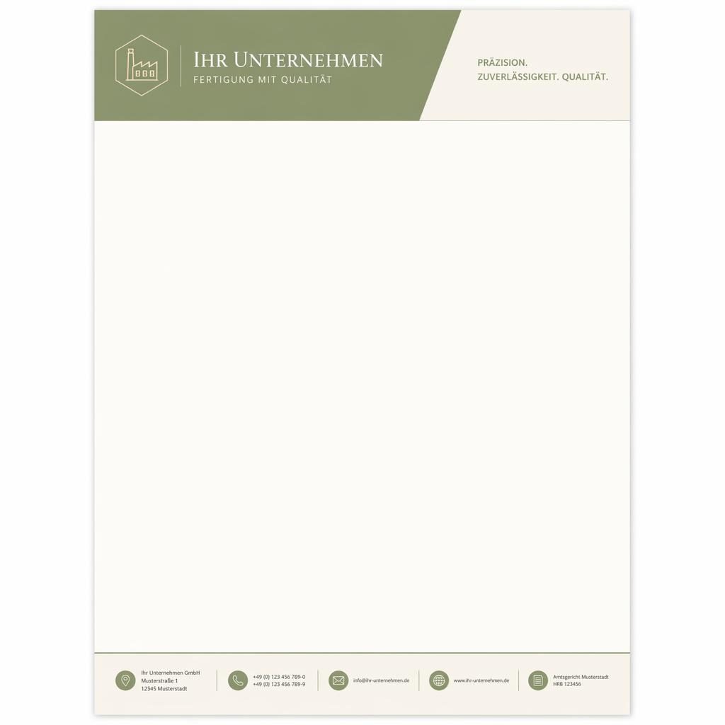 A4-Briefbogen im Hochformat mit salbeigrün-elfenbeinfarbenem Kopfband, Platzhalter-Logo, Firmenname und Footer-Leiste