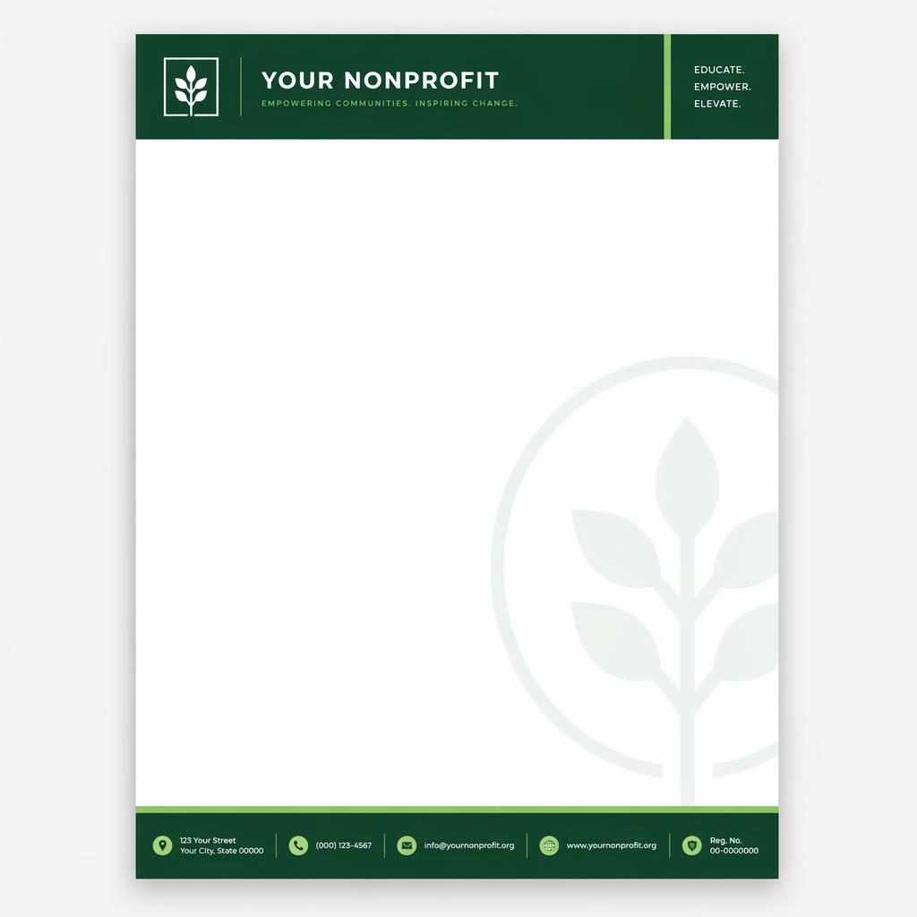 A4 portrait non-profit letterhead template with green header band, footer strip, subtle logo watermark, and wide body area