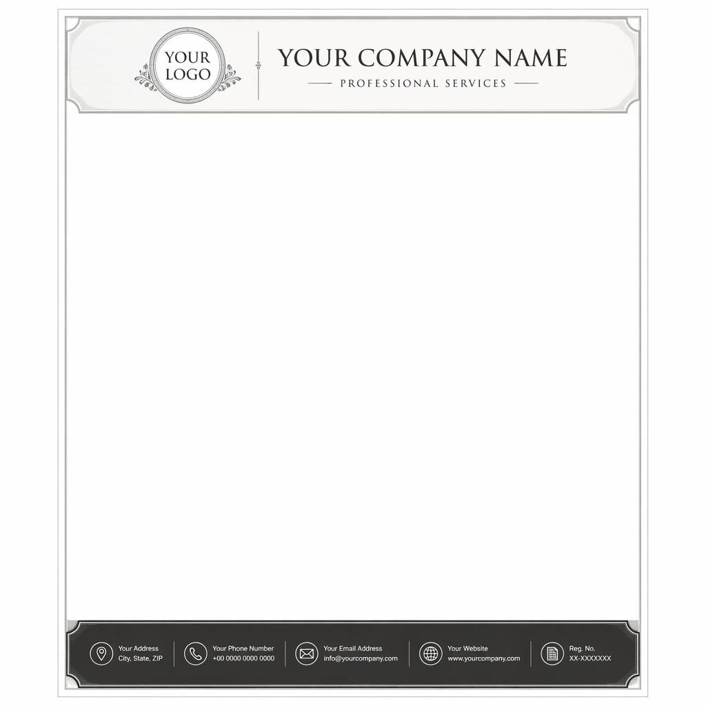 A4 portrait letterhead template with engraved monochrome header, placeholder logo, company details footer, and large body area.