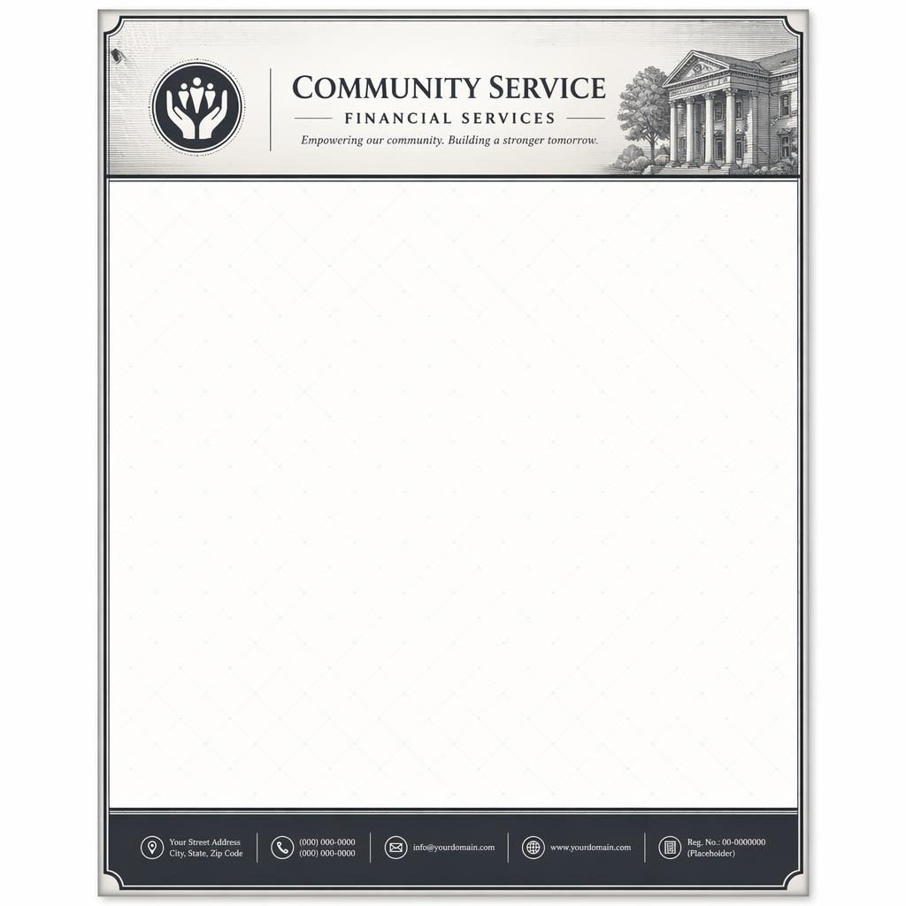 A4 portrait letterhead template with engraved monochrome header, footer placeholders, grid watermark, and large text area.
