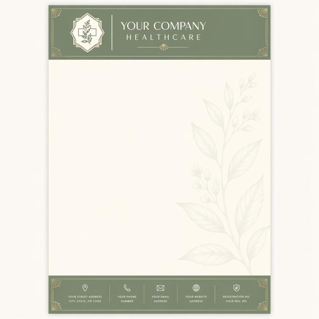 A4 portrait medical letterhead template in sage and ivory with art deco header, footer strip, logo placeholder, and botanical watermark.
