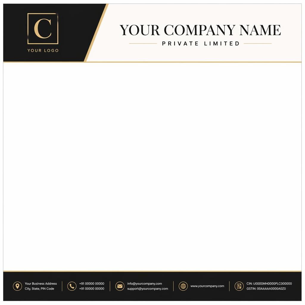 A4 portrait letterhead template with black and warm white palette, serif header band, logo placeholder, and footer details.
