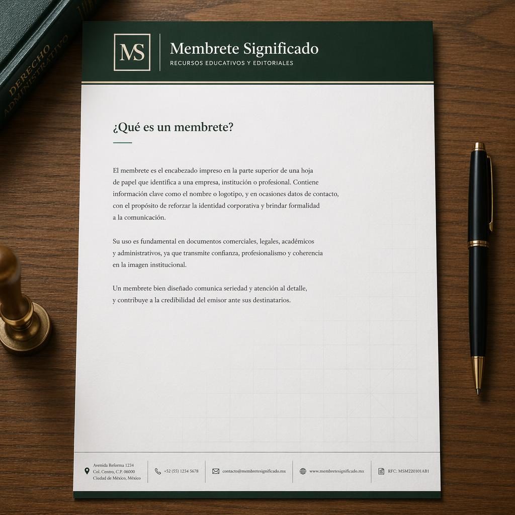 Plantilla de membrete A4 vertical con cabecera verde, logo genérico, pie de contacto y texto de definición en español