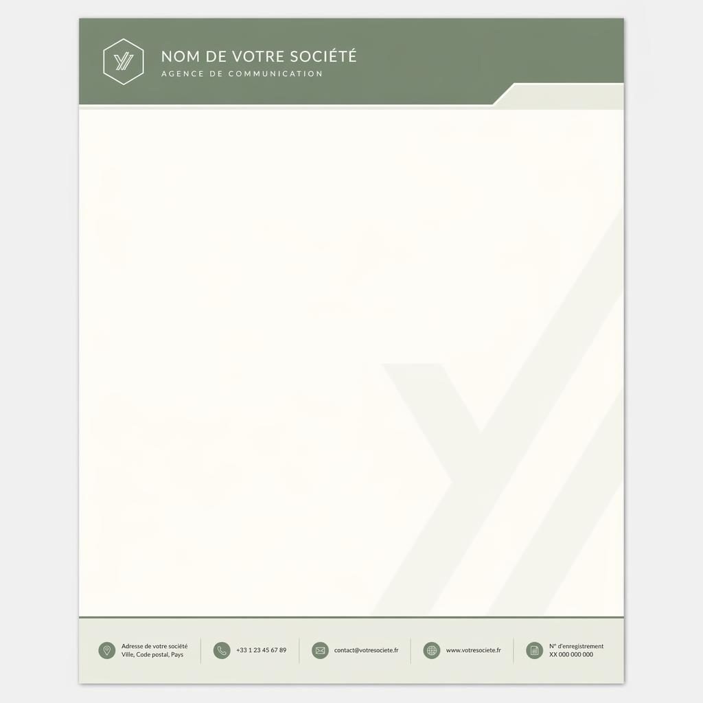 Modèle A4 portrait de papier en tete societe minimal, bandeau en-tête vert sauge, pied de page ivoire et zone de texte large.