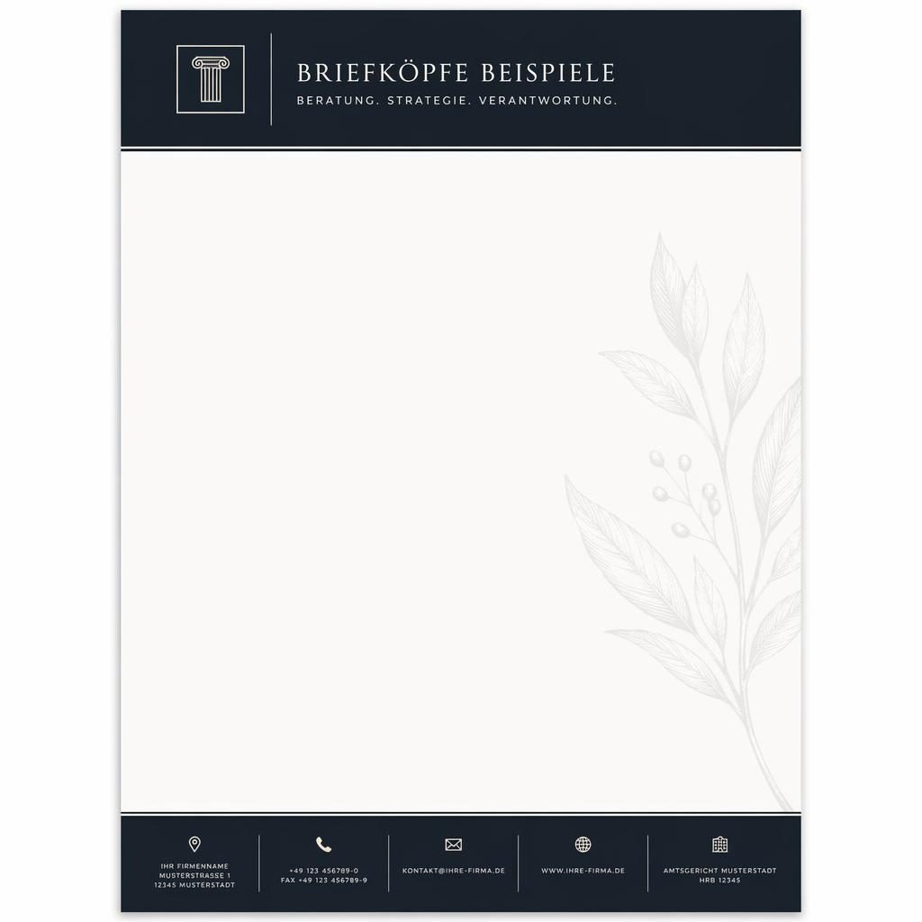A4-Briefkopf in Hochformat mit Kopfband, Platzhalter-Logo, Fußzeile und botanischem Wasserzeichen in Monochrom