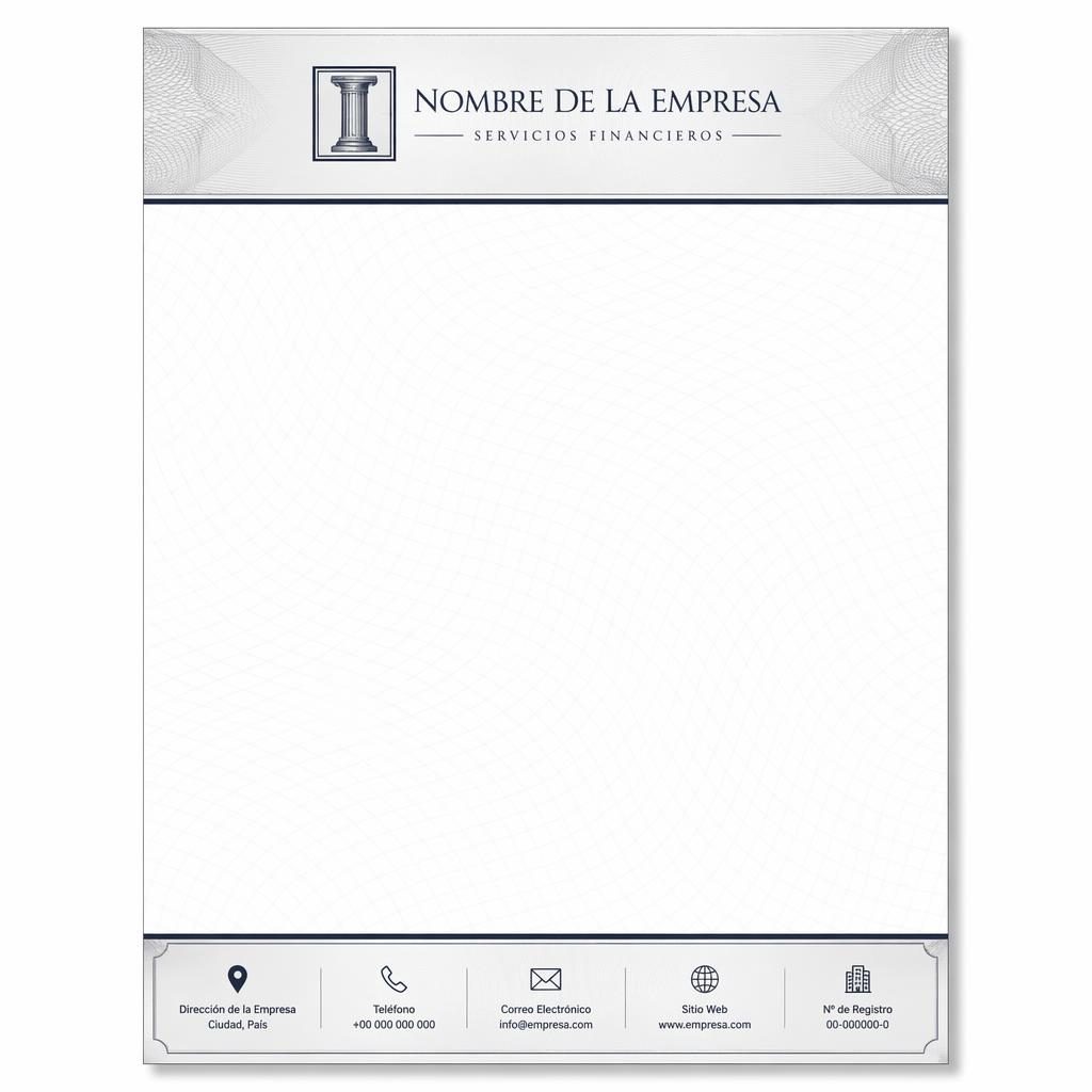 Plantilla A4 vertical de membrete corporativo financiero en monocromo, con banda superior, pie informativo y líneas de cuadrícula