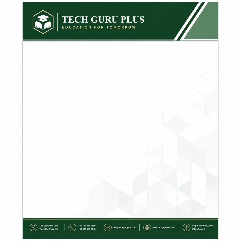 A4 portrait letterhead template with forest green header, footer strip, placeholder logo, and geometric watermark