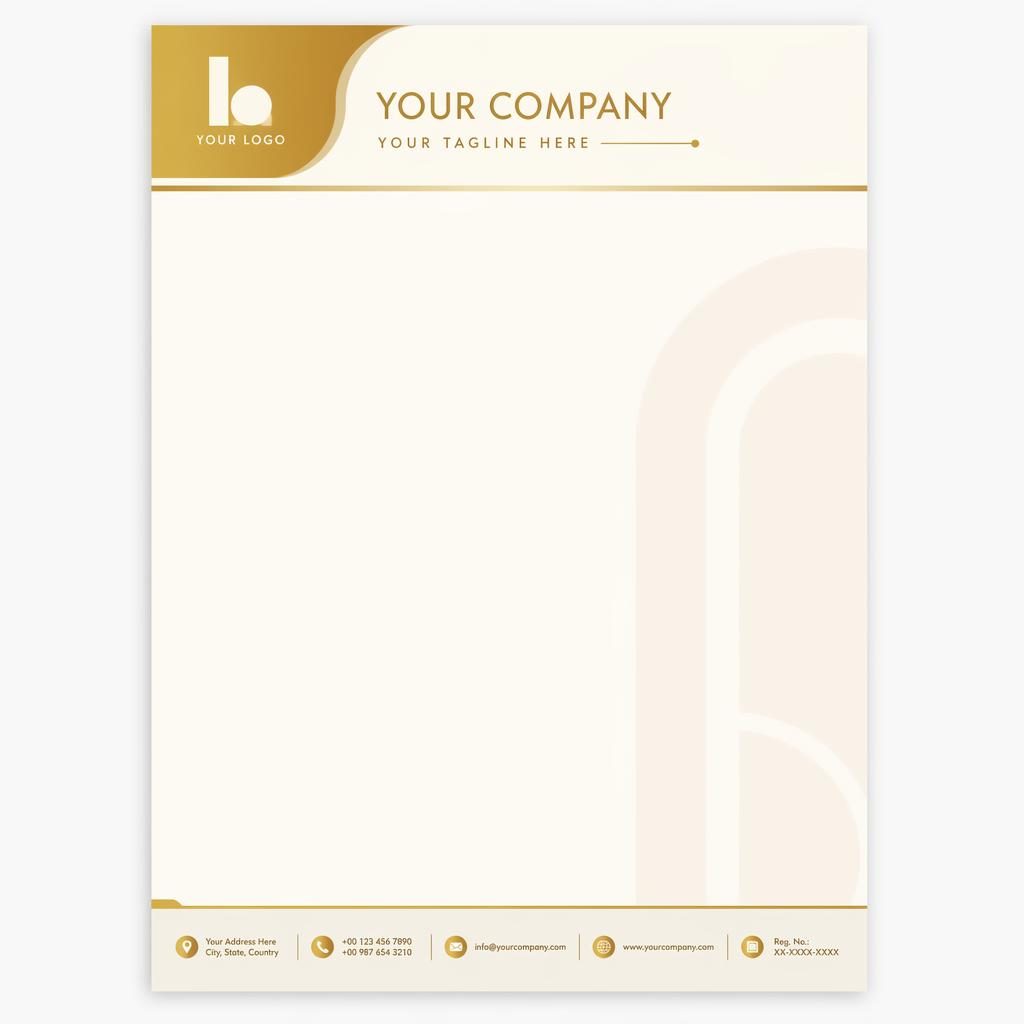 A4 portrait letterhead template with gold and cream Bauhaus header band, footer strip, soft watermark band, and logo placeholders.