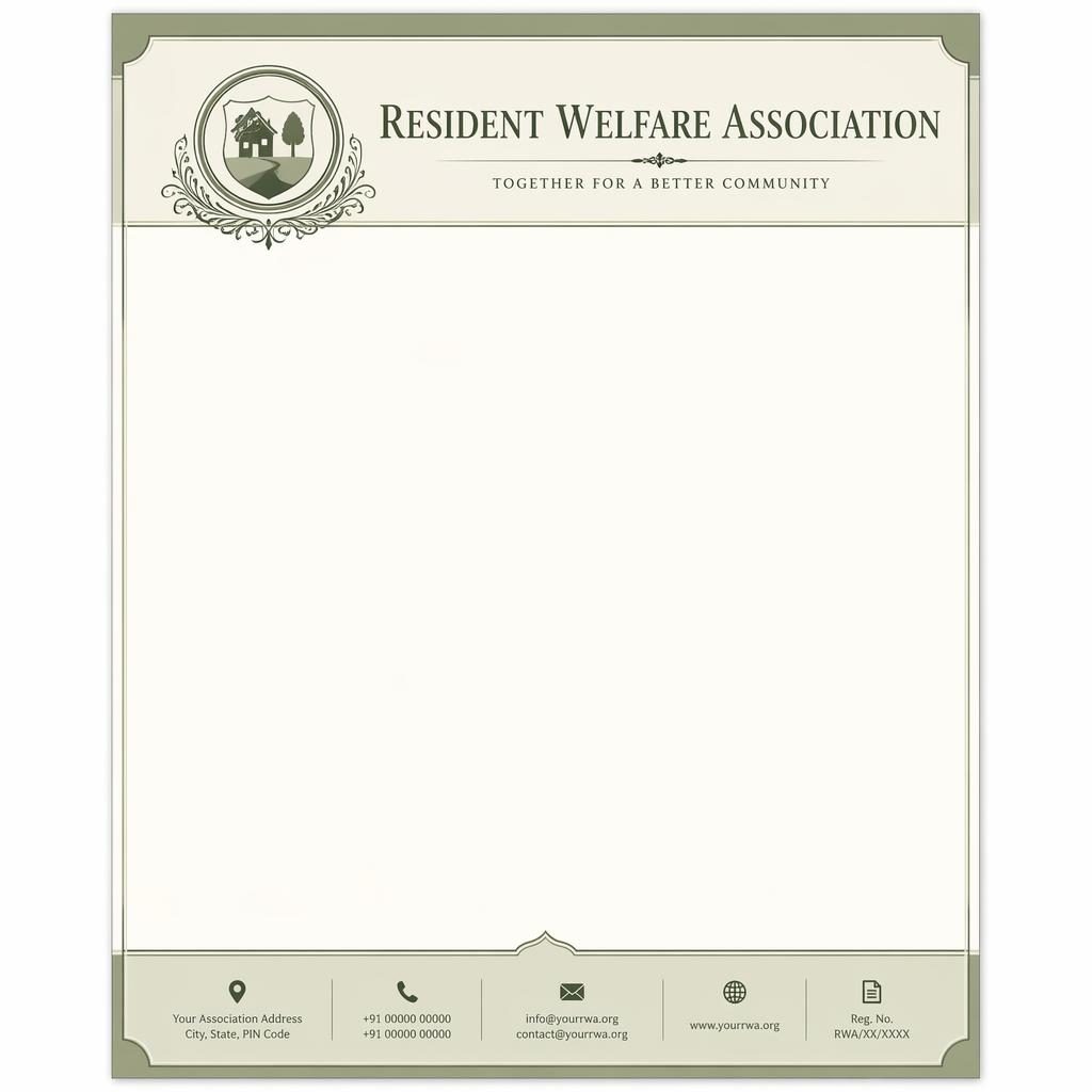 A4 portrait letterhead template in sage and ivory with engraved header band, footer strip, logo and contact placeholders