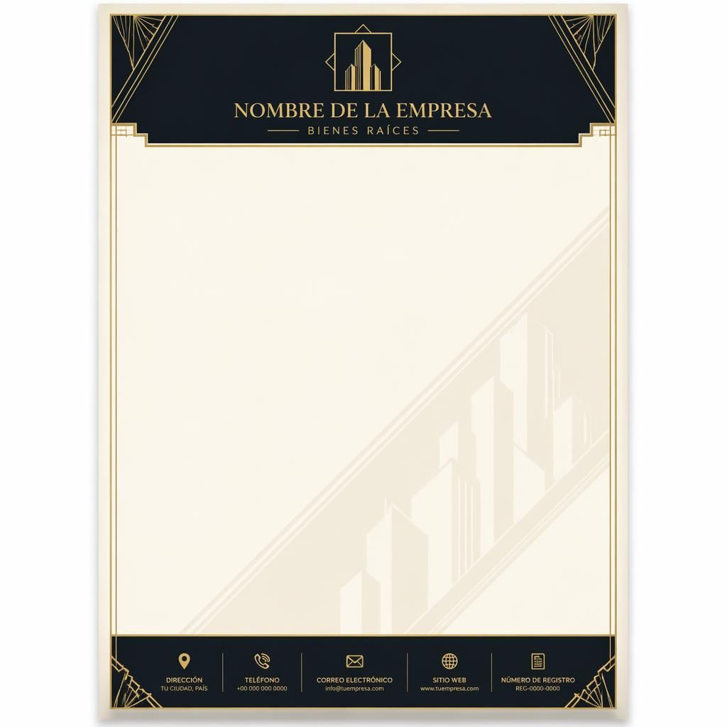 Plantilla de membrete A4 vertical en crema y dorado, con banda superior, pie informativo y marca de agua suave.