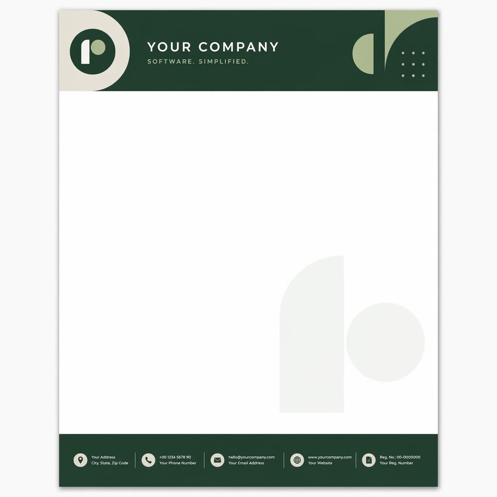 A4 portrait letterhead template with forest green Bauhaus header, footer placeholders, subtle logo watermark, and wide body area.