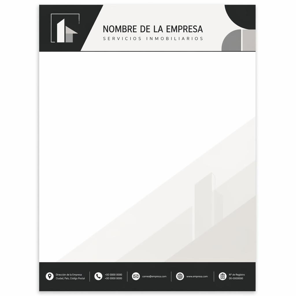 Plantilla de membrete A4 vertical inmobiliaria en estilo bauhaus monocromo, con banda superior, pie de página y gran área de texto.