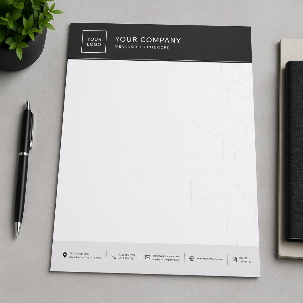 A4 briefpapier mockup met strakke header, footer, plaatsaanduidingen en subtiel geometrisch watermark in ikea dressoir stijl
