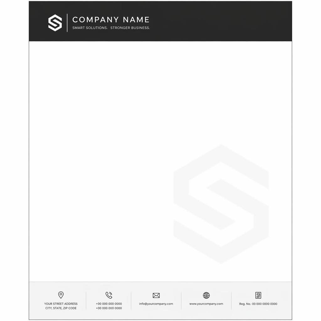 A4 portrait business company letterhead with a monochrome Swiss-style header band, footer strip, logo placeholders, and watermark