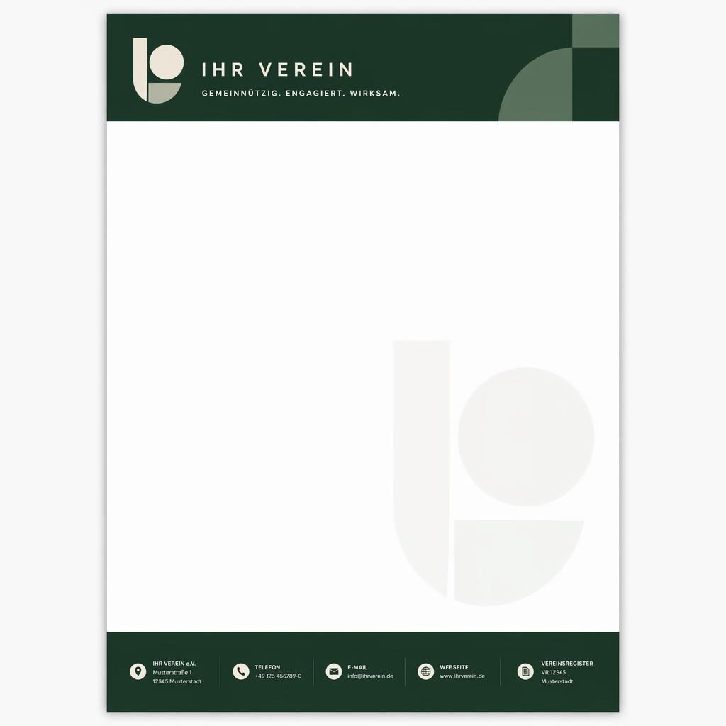 A4-Briefkopf-Vorlage im Bauhaus-Stil in Waldgrün mit Kopfband, Logo-Platzhalter, Fußzeile und dezentem Wasserzeichen