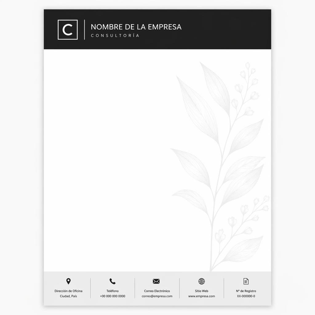 Plantilla de membrete A4 vertical en blanco y negro, con banda superior, pie informativo y marca botánica tenue