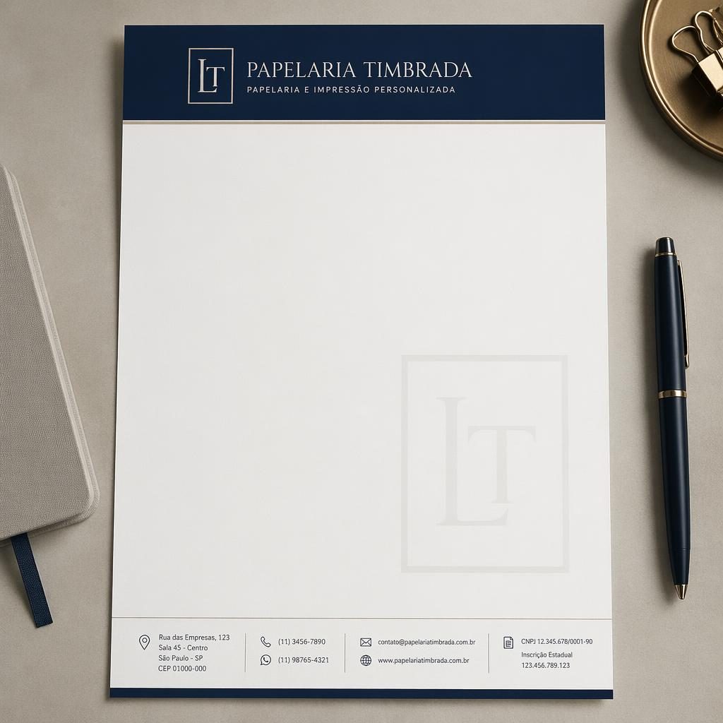 Mockup vista superior de papel timbrado A4 em azul-marinho e creme, com cabeçalho, rodapé e marca d’água sutil