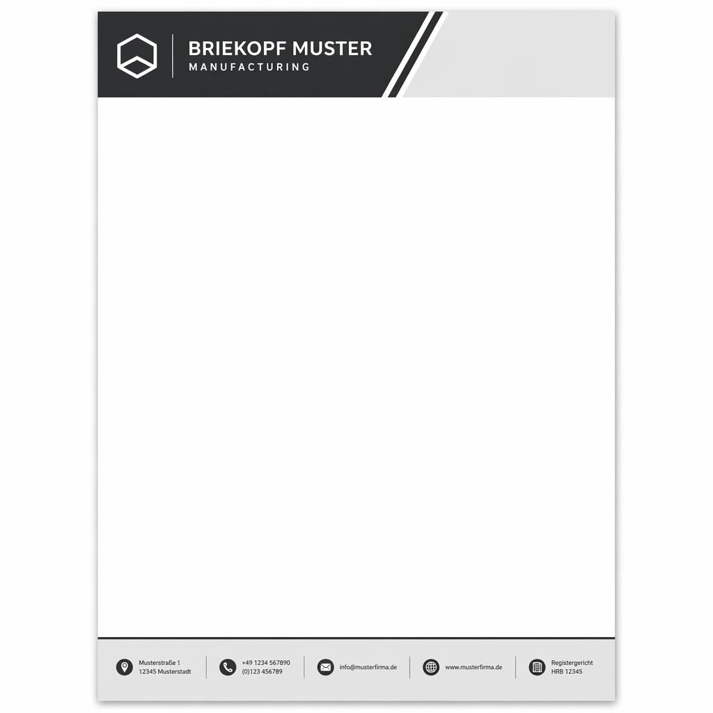 A4-Briefkopf im Hochformat mit Kopfzeile, Platzhalter-Logo, Footer-Leiste und großzügigem Textbereich in Monochrom