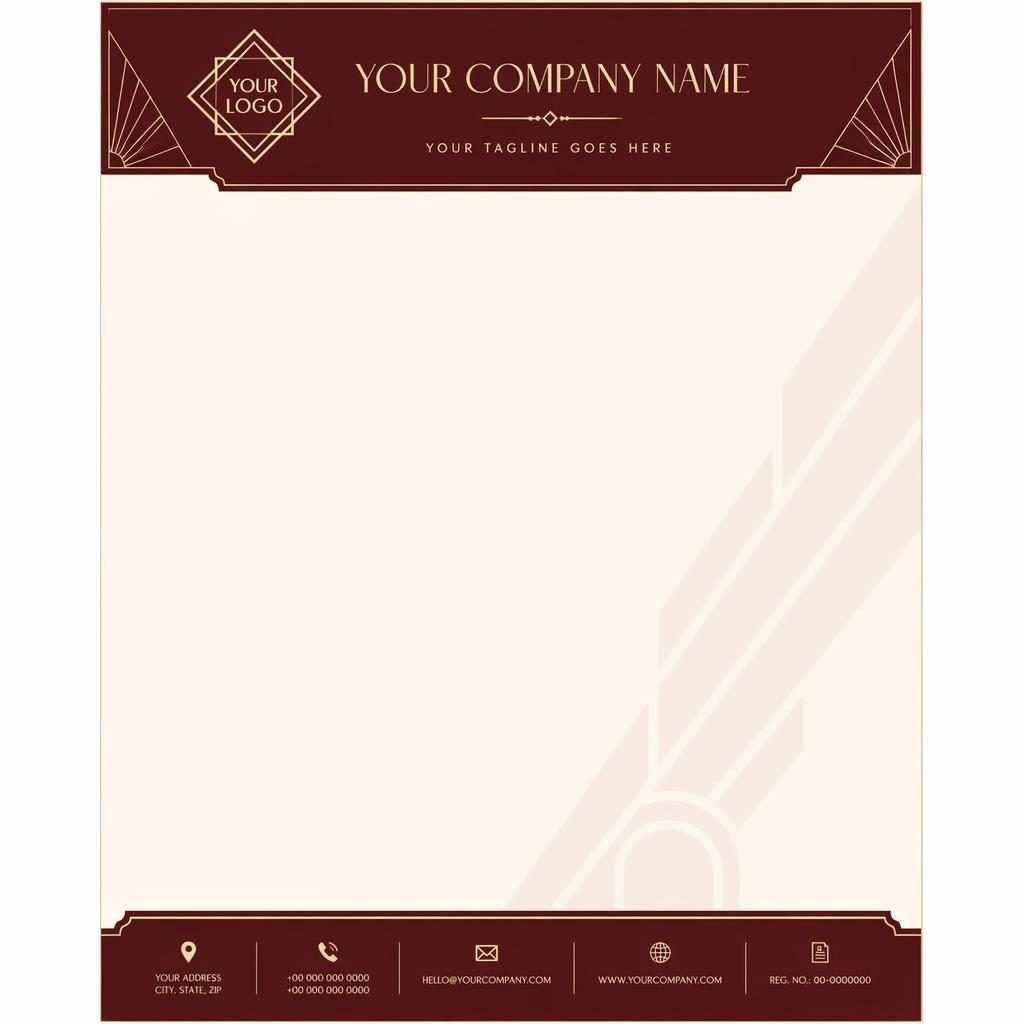 A4 portrait art deco agency letterhead in burgundy and cream with header band, footer strip, soft watermark, and placeholders