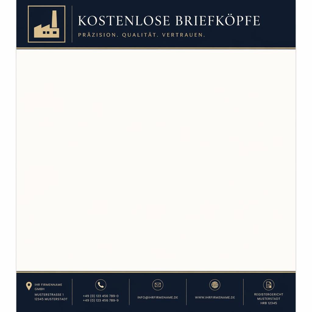 Elegante A4-Briefkopf-Vorlage in Navy und Creme mit Serifenschrift, Kopfband, Fußzeile und großem Textbereich.